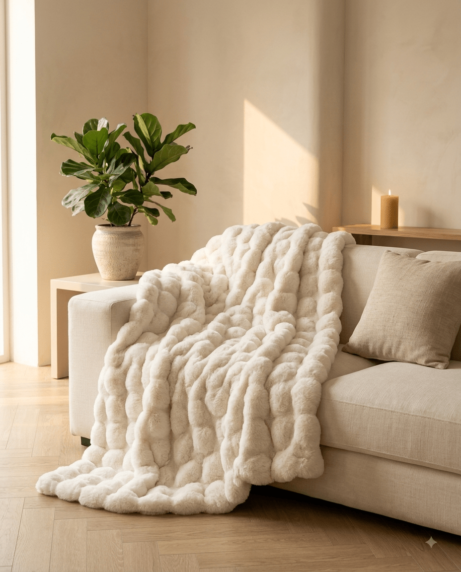 Plaid Mielle — Couverture en fausse fourrure ultra-douce, effet nuage · Crème cocooning