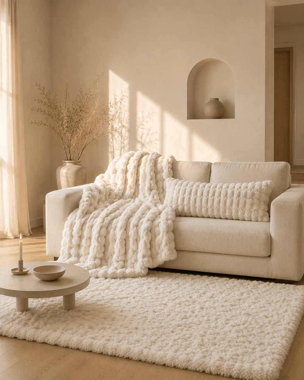 Coin Cocooning — Le Pack Complet · Plaid + Housse + Tapis effet nuage